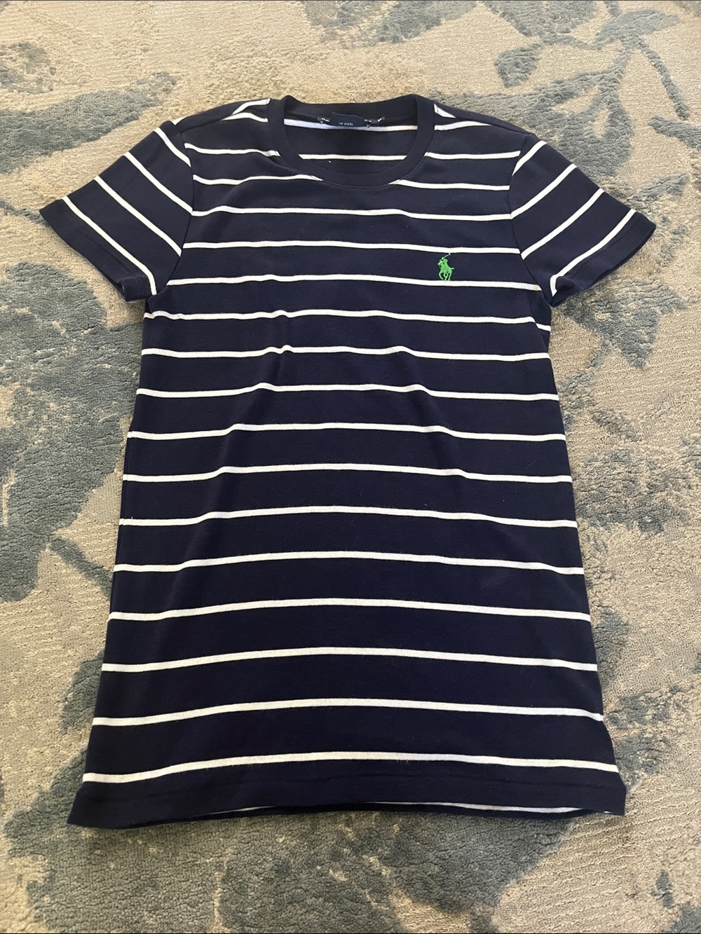 Ralph Lauren Navy & White Striped Short Sleeve Tee with Green Pony